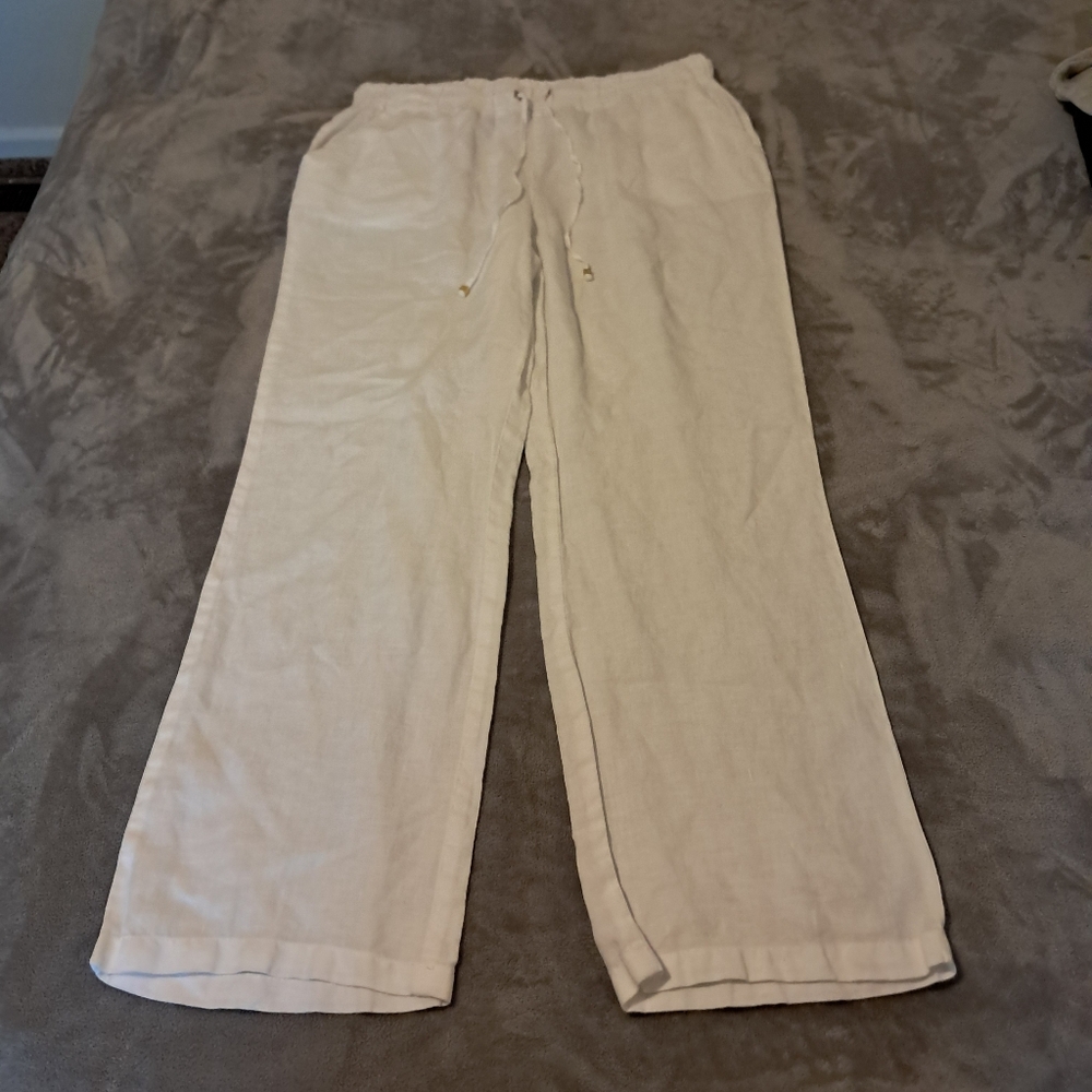 Ellen Tracy Women 100% Linen White Straight Leg Pull-on Pants Sz. M